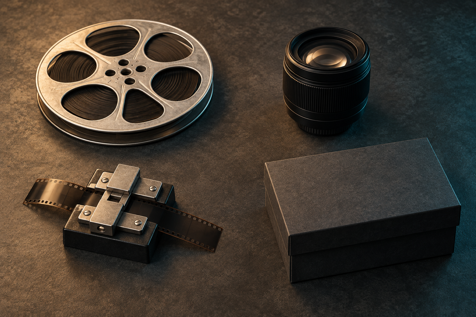 Widok z góry na cztery oddzielne przedmioty: srebrną rolkę filmu, czarny obiektyw, sklejarkę z pustą taśmą oraz ciemne pudełko archiwalne