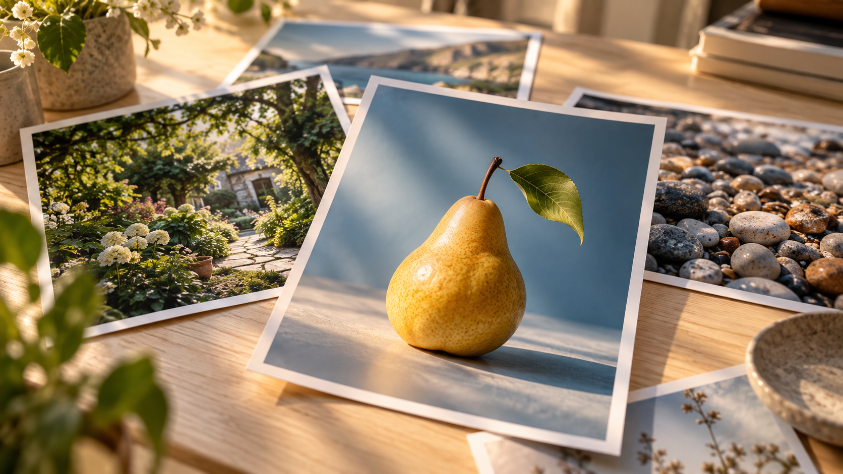 Zdjęcie żółtej gruszki z zielonym liściem na niebieskim tle, wybrane spośród fotografii ogrodu i kamieni rozłożonych na drewnianym stole