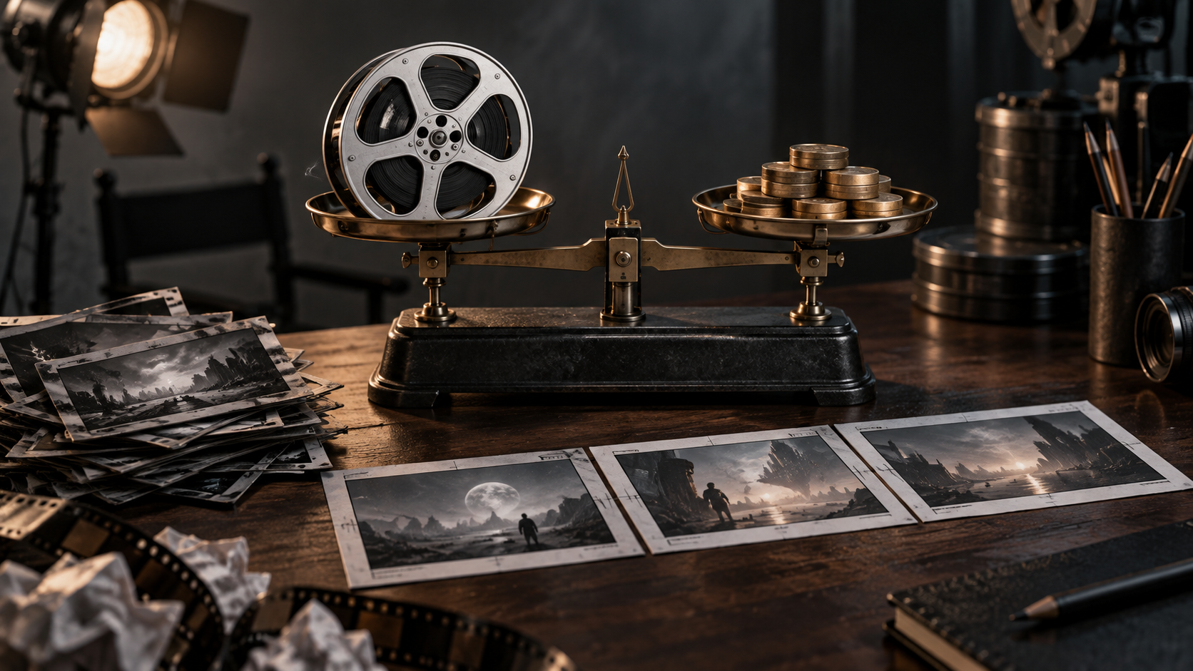Waga z rolką filmu i żetonami obok zaakceptowanych oraz odrzuconych kadrów, symbolizująca budżet produkcji.