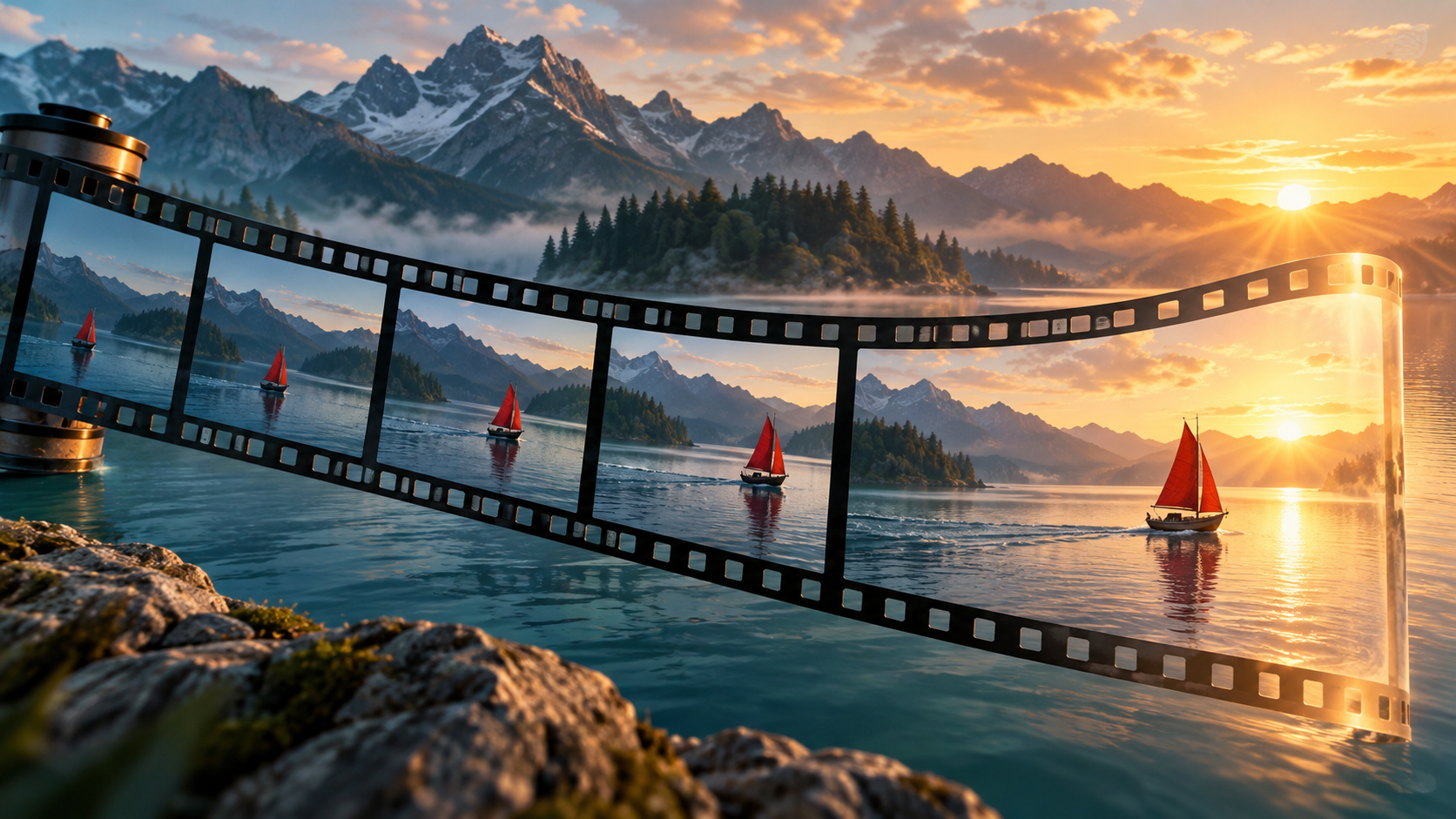 Płynąca taśma filmowa przedstawiająca małą czerwoną żaglówkę płynącą po górskim jeziorze o świcie, przechodzącą w nową, delikatnie świecącą klatkę. Dominują odcienie turkusu i bursztynu.