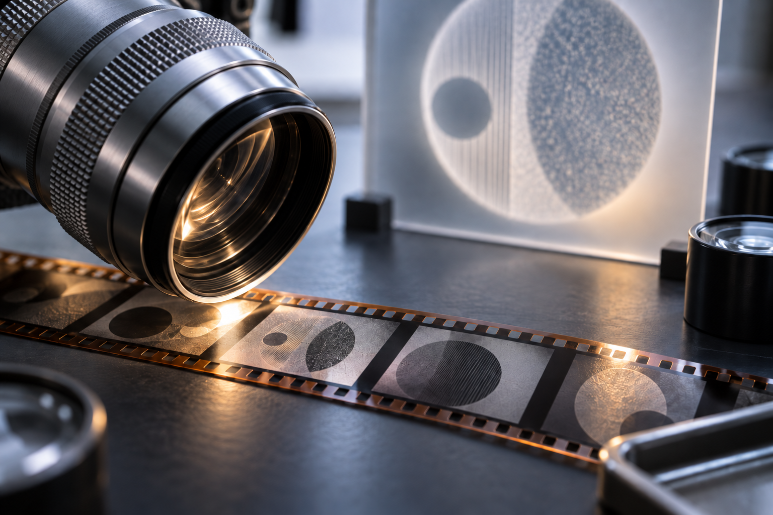 Srebrny obiektyw nad taśmą filmową z kolistymi fakturami oraz rozmyta projekcja podobnego wzoru na matowej płycie w tle