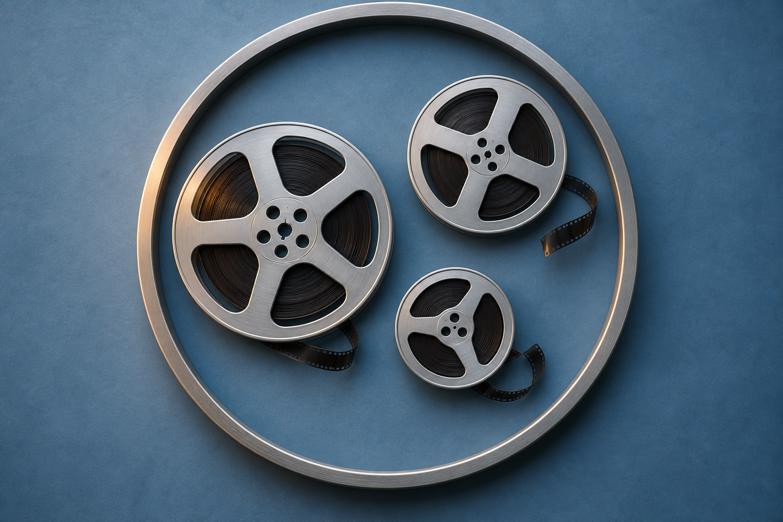 Trzy srebrne rolki filmu o różnych średnicach wewnątrz dużej okrągłej ramy, każda z oddzielnym krótkim odcinkiem pustej taśmy na niebieskim stole
