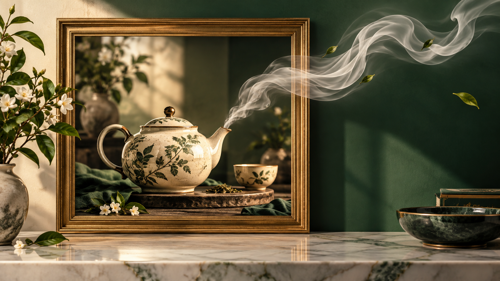 Ceramiczny imbryk w ramie obrazu, z którego para wypływa poza kadr