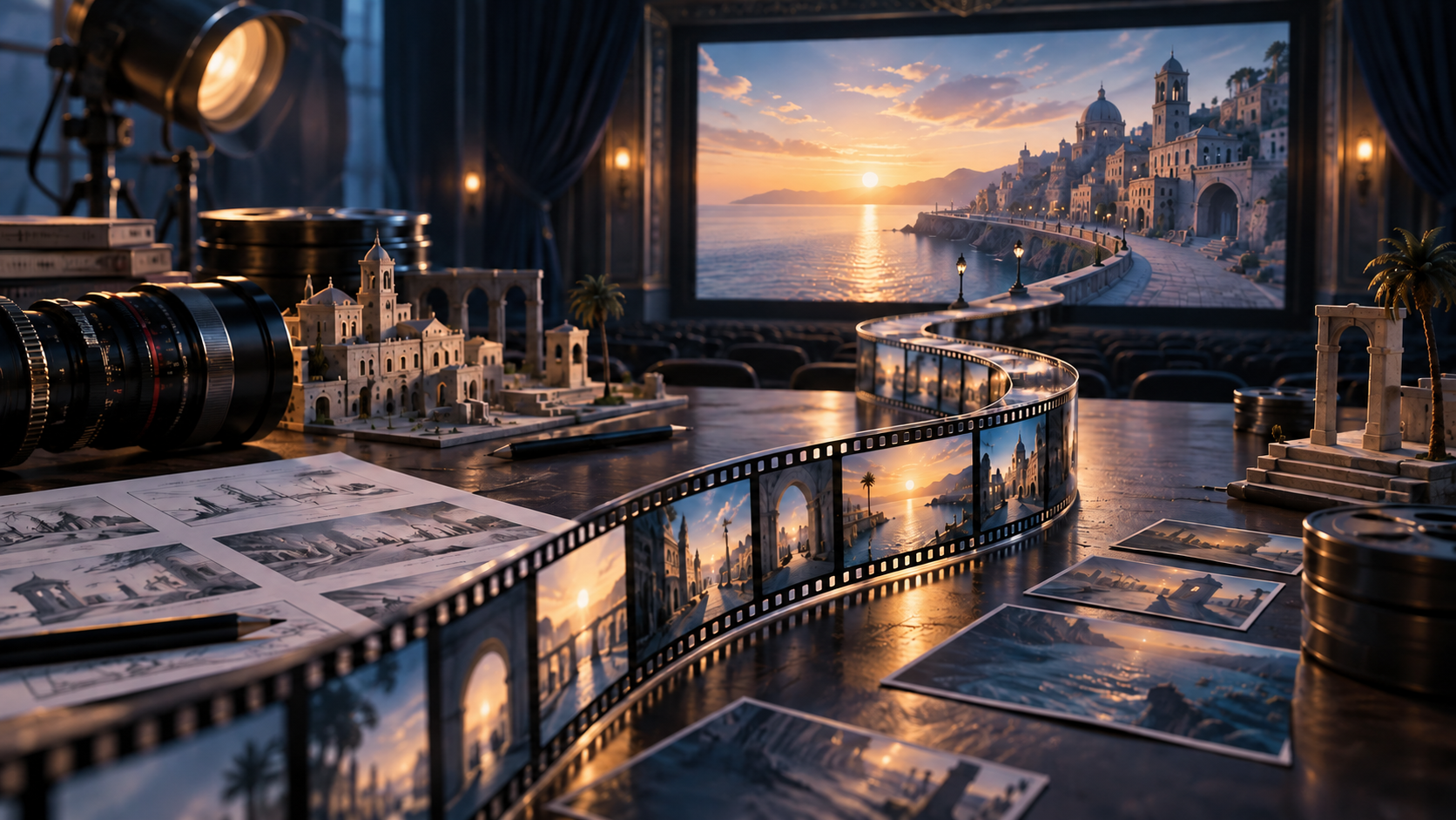 Długa taśma z wieloma kadrami prowadząca do ekranu kina, symbolizująca montaż pełnego filmu.