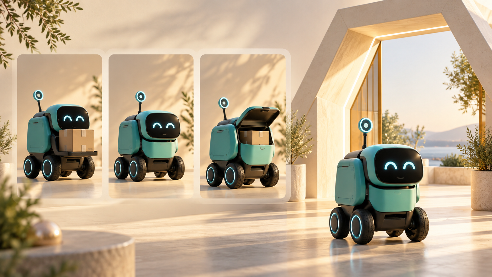 Mały robot dostawczy w trzech ujęciach obok geometrycznego wejścia w ciepłym studiu.