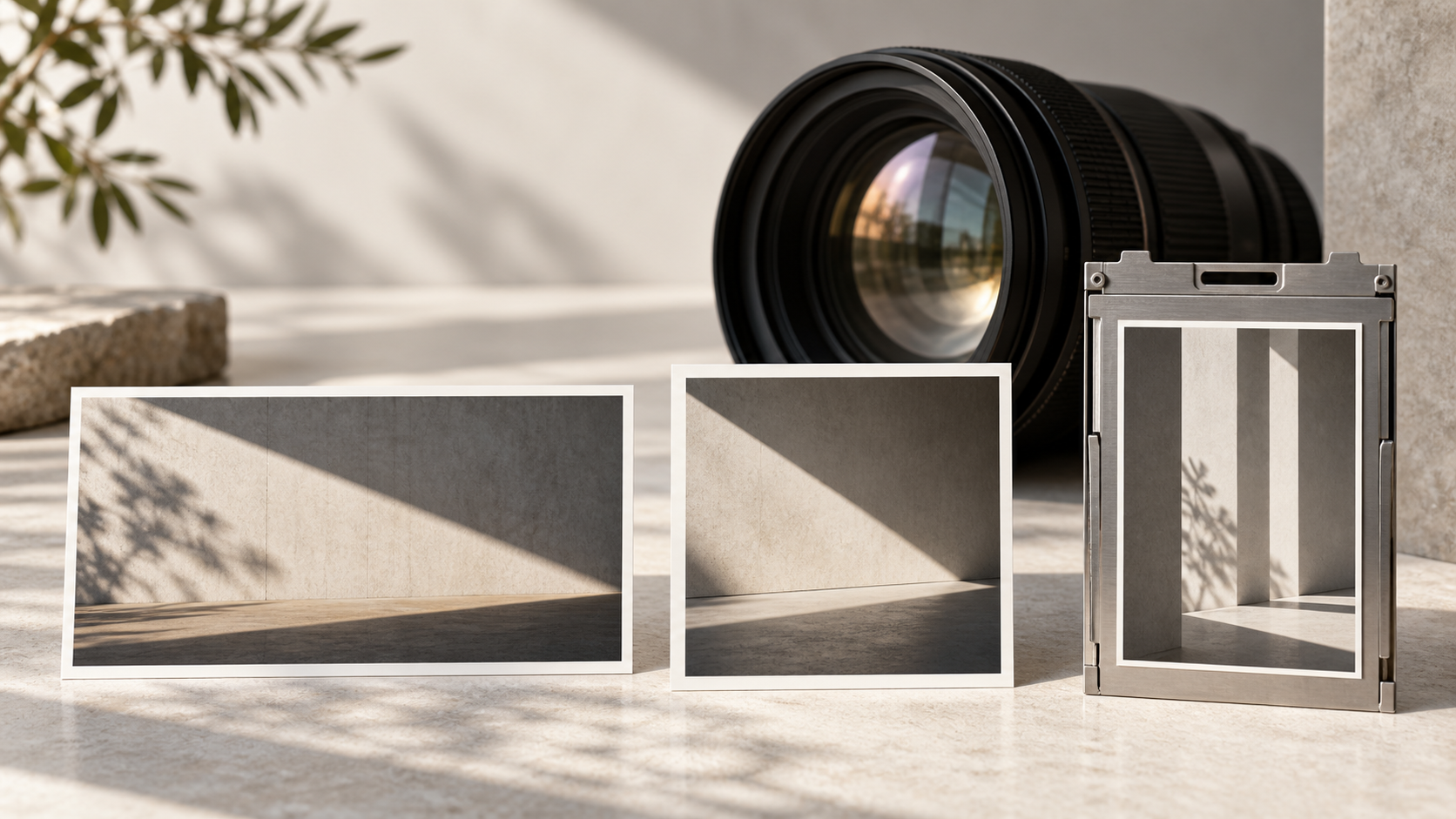 Szeroka, kwadratowa i pionowa fotografia architektury ze światłem i cieniem, pionowa w metalowym uchwycie, z obiektywem w tle