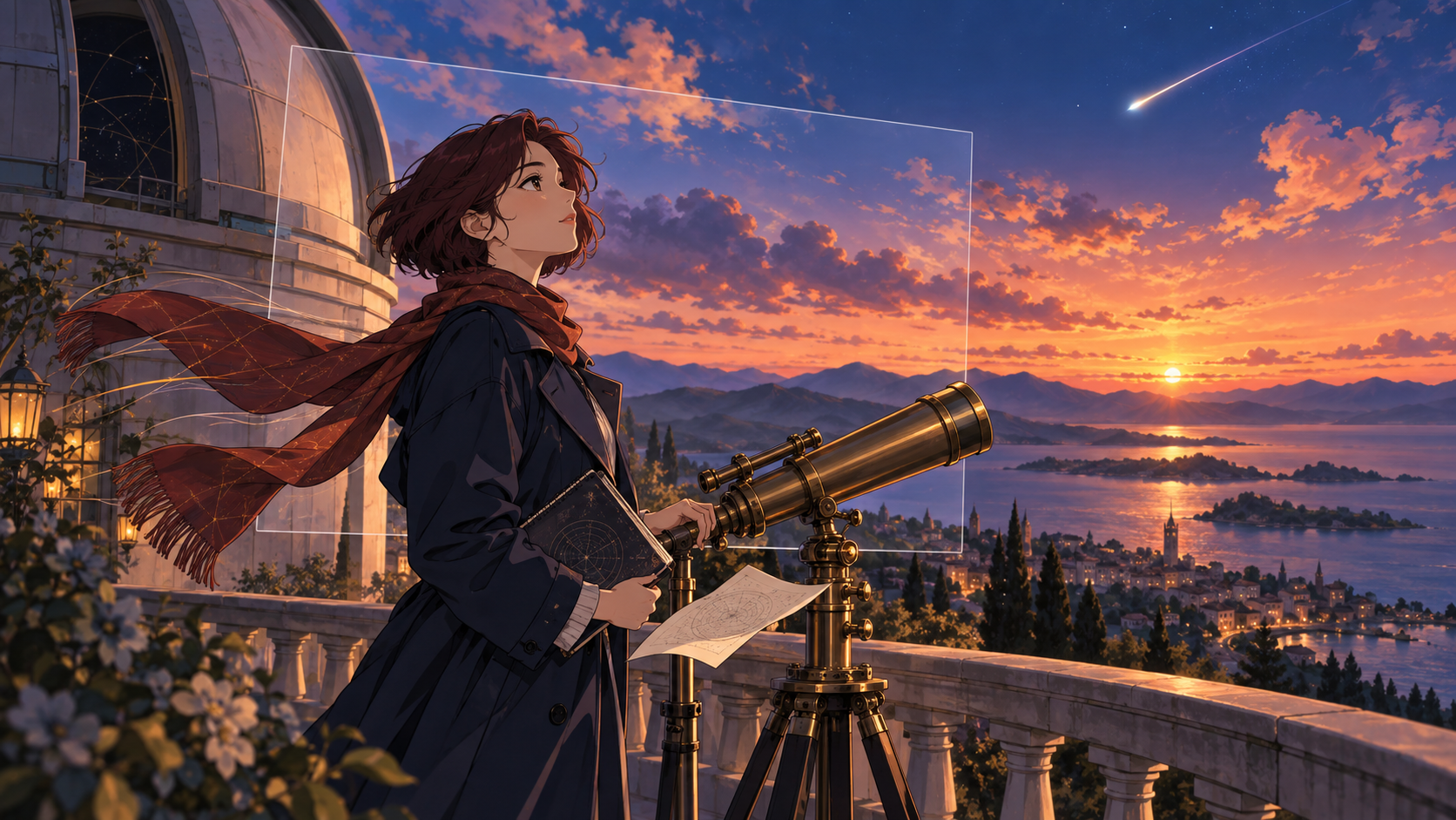 Dorosła badaczka astronomii w stylu anime przy teleskopie w obserwatorium o zmierzchu, ze szalikiem i meteorami na niebie