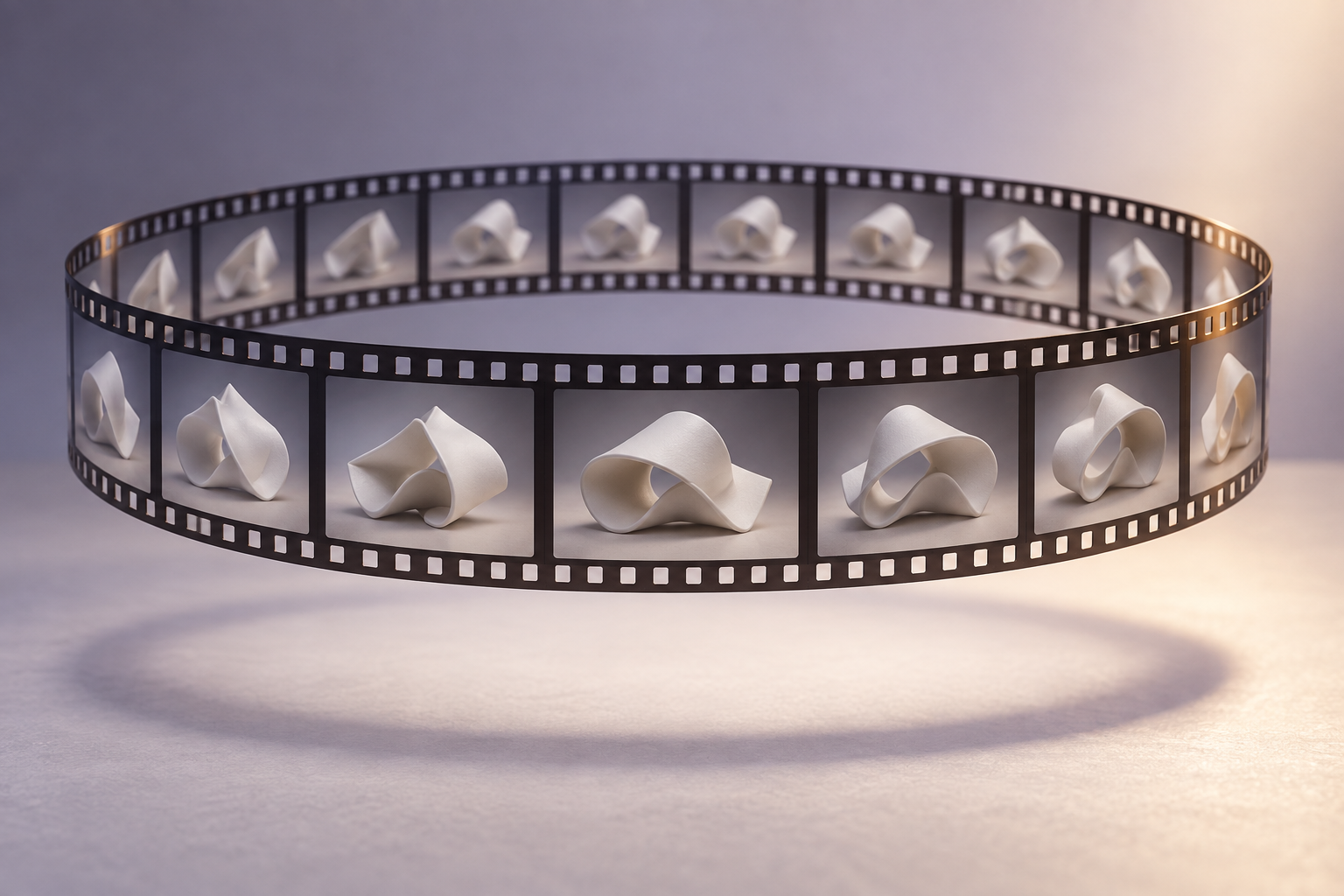 Koncepcja ciągłych klatek: okrąg taśmy filmowej z białą ceramiczną wstęgą widzianą pod różnymi kątami, zawieszony nad jasnoszarym stołem