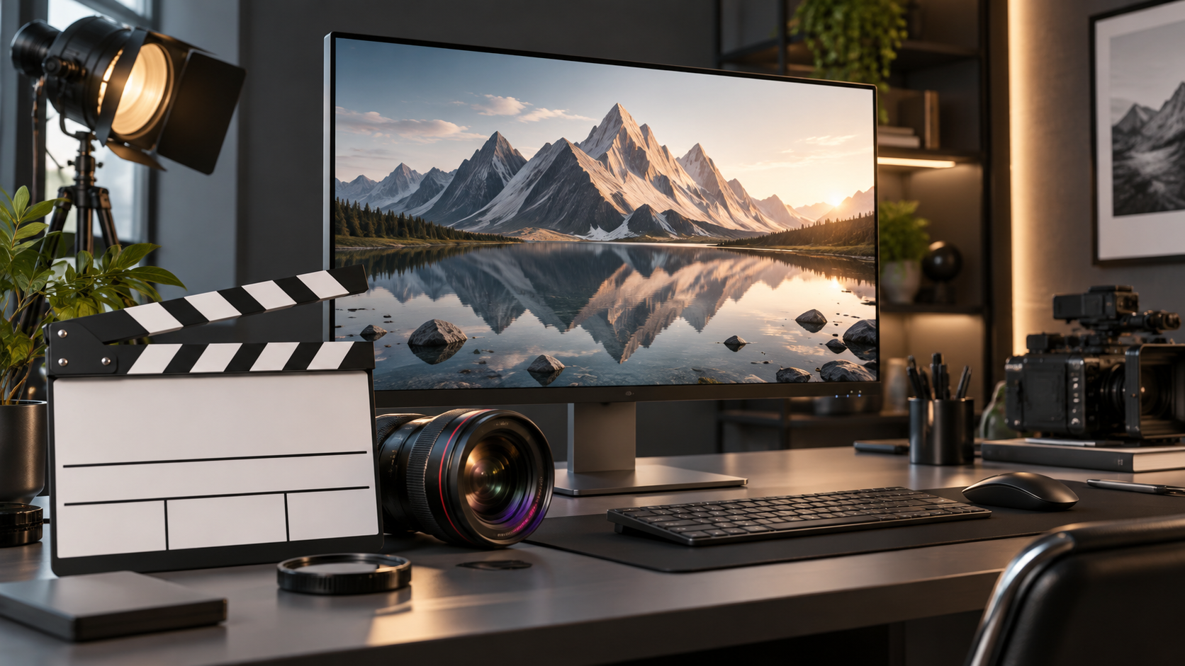 Klaps filmowy, obiektyw i monitor z górskim krajobrazem na biurku.
