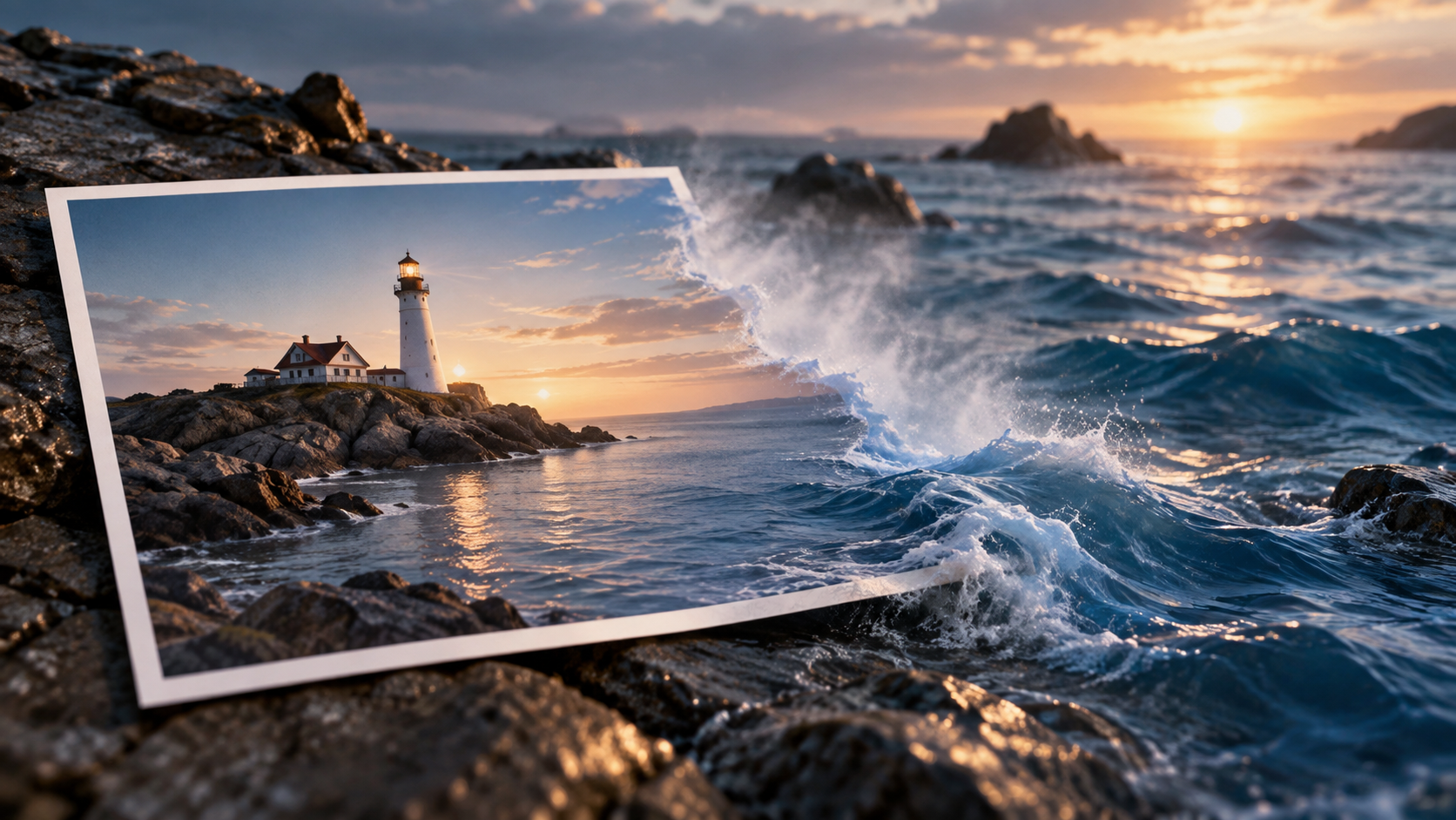 Fotografia latarni morskiej przechodząca w przestrzenne fale oceanu