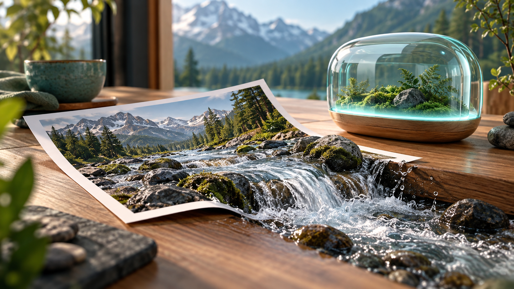 Fotografia górskiego strumienia unosi się, przechodząc w trójwymiarową wodę obok szklanego terrarium.