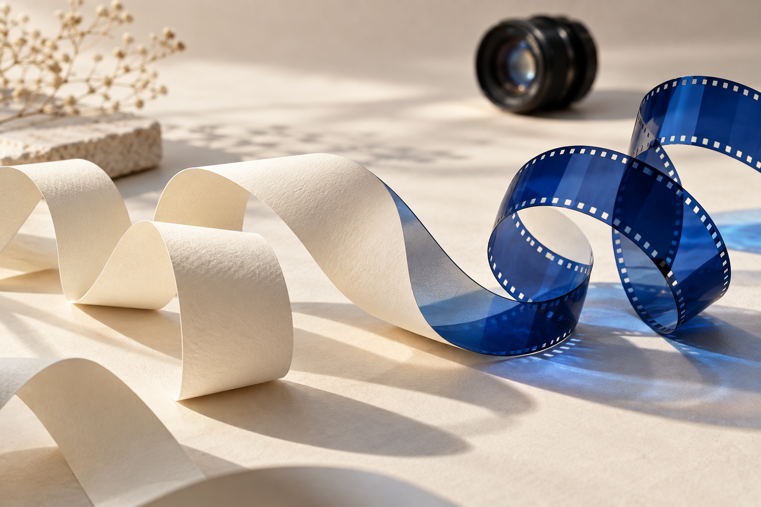 Pusta papierowa wstęga w kolorze kości słoniowej przechodząca w przezroczystą kobaltową pętlę filmu, z rozmytym obiektywem i gałązką w tle