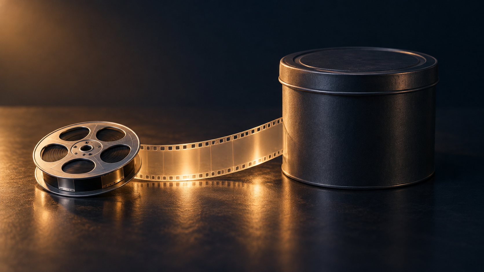 Mała metalowa rolka pustej taśmy filmowej i ciemne pudełko, połączone krótkim, podświetlonym odcinkiem kliszy bez obrazów i napisów