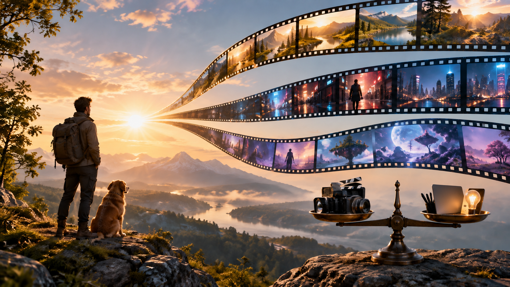 Podróżnik i pies przed krajobrazem z trzema taśmami filmowymi oraz wagą porównującą narzędzia.