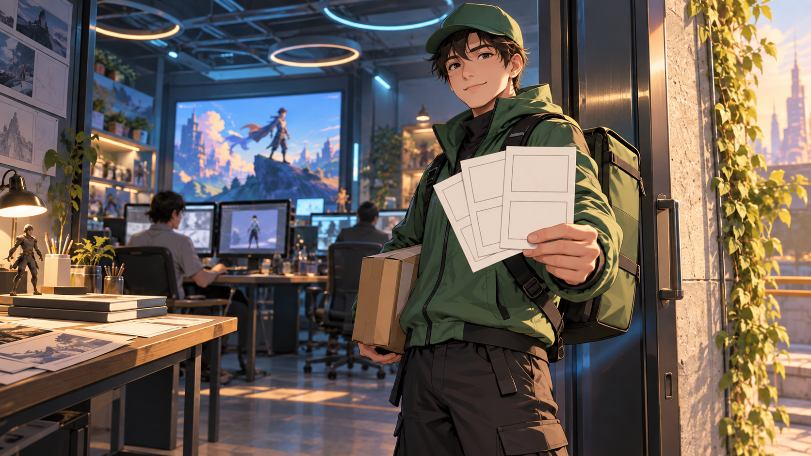 Dorosły kurier anime w zielonej kurtce trzyma puste karty storyboardu przy otwartych drzwiach futurystycznego studia.