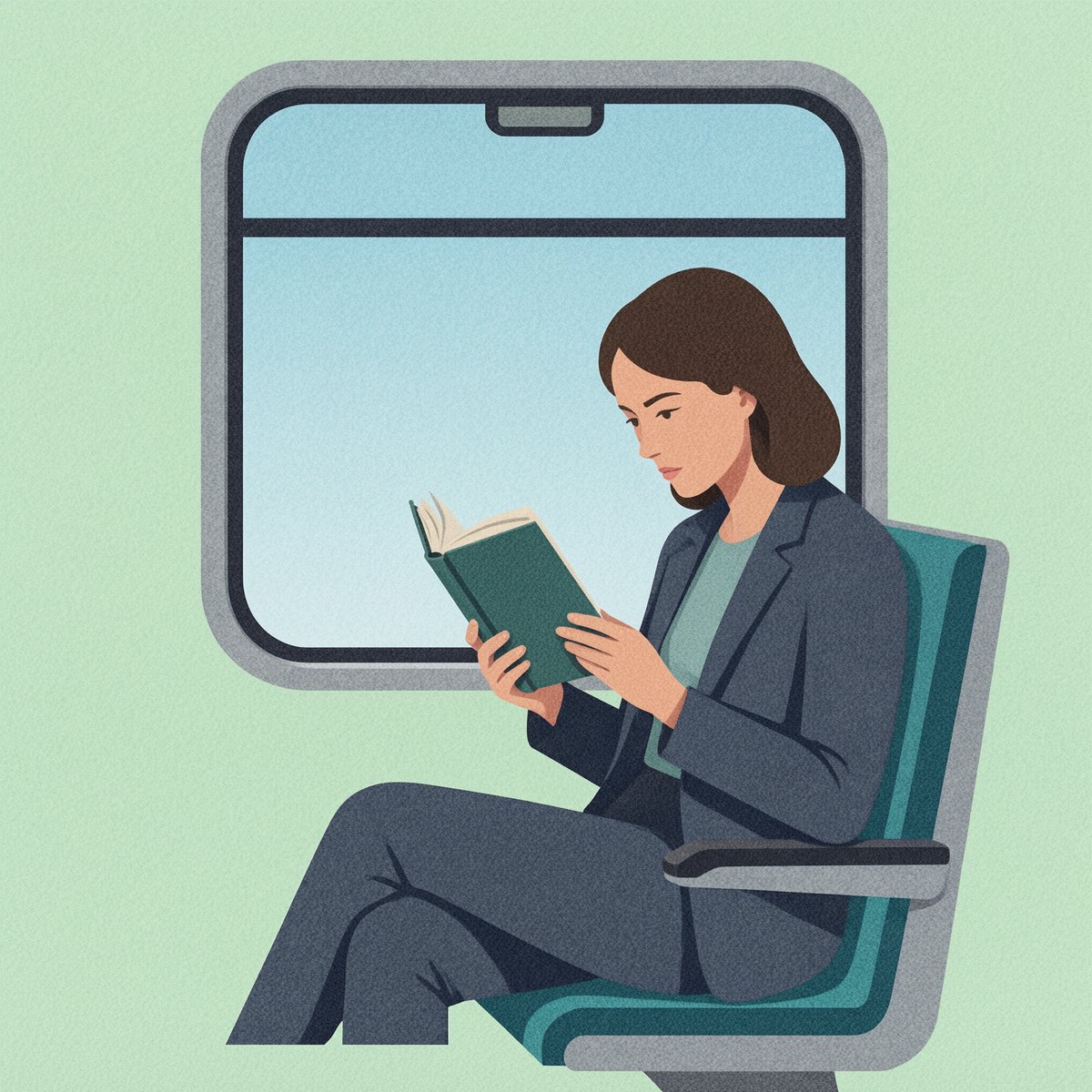 Płaska ilustracja kobiety czytającej w pociągu.