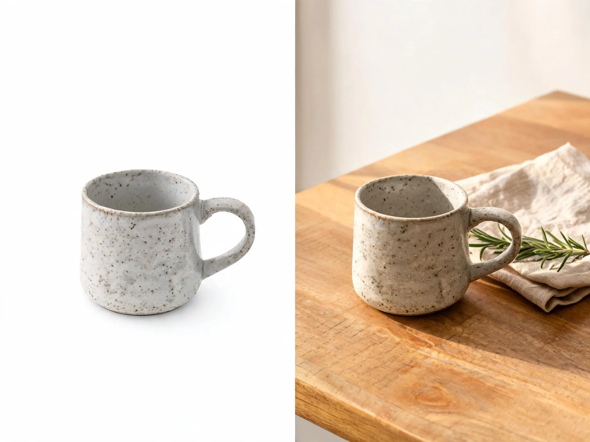 Ceramiczny kubek na prostym zdjęciu i w aranżacji na drewnianym blacie.