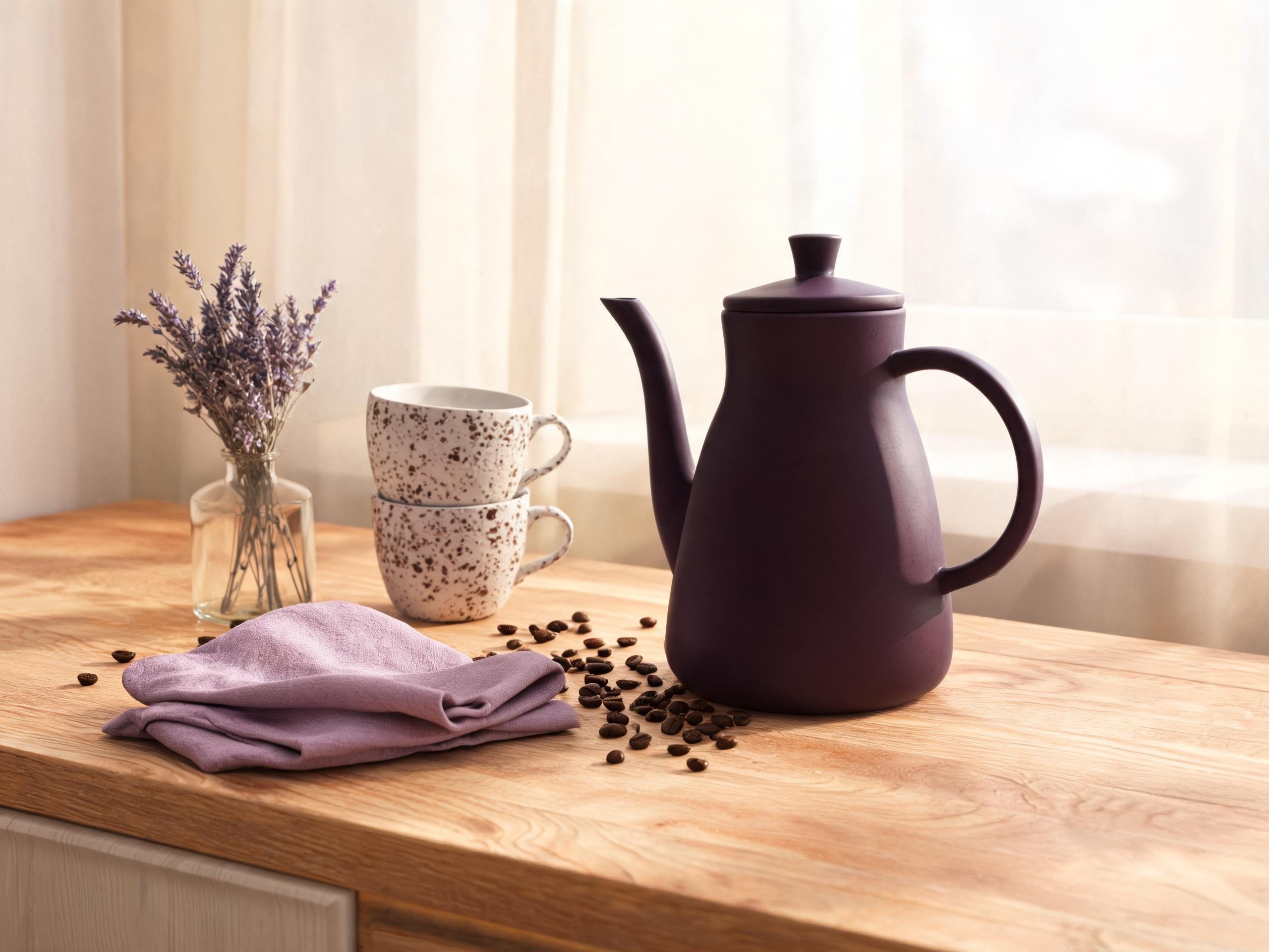 Fioletowy dzbanek i ceramiczne filiżanki na drewnianym blacie.